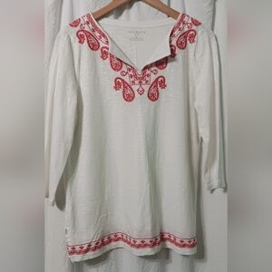 Talbots top with red embroidery around the neckline and hem  Size MP